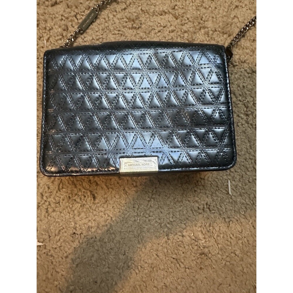 Michael Kors Jade Medium Gusset Clutch Chain Crossbody Bag Purse Steel Blue